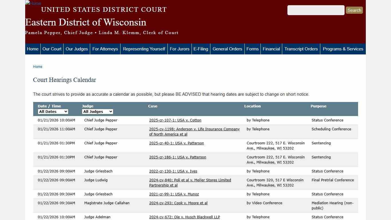 Court Hearings Calendar | Eastern District of Wisconsin | United States District Court