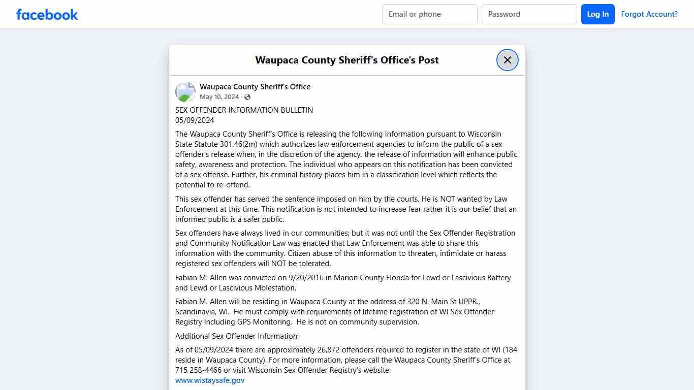 SEX OFFENDER INFORMATION... - Waupaca County Sheriff's Office | Facebook